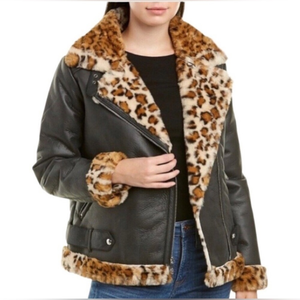 Sam Edelman Black Faux Leather Jacket with Leopard Trim - Picture 4 of 10